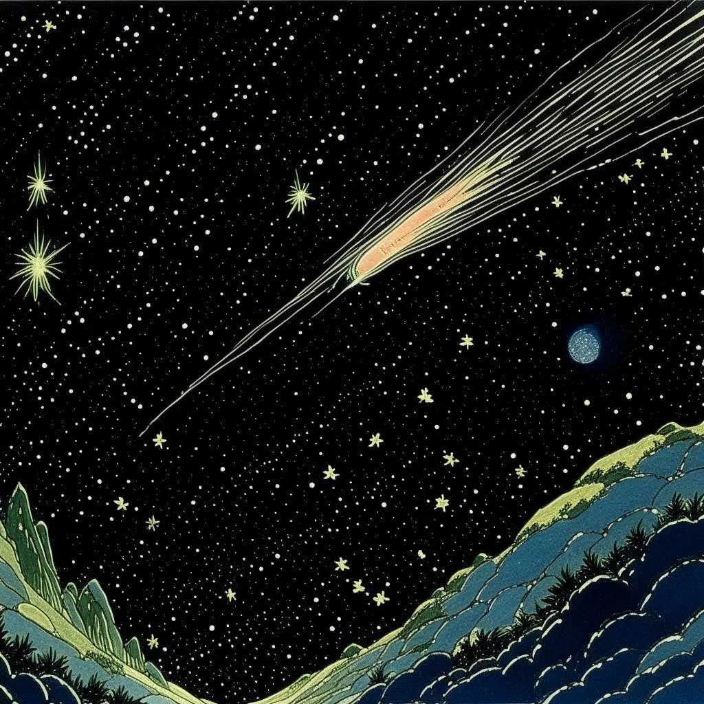 A black outer space with fast shooting stars painted by Katsushika Hokusai