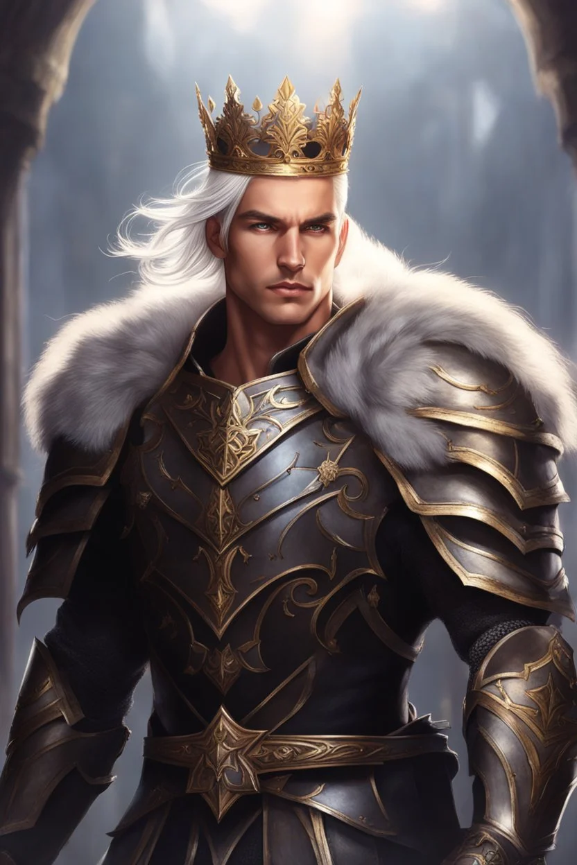 Male Tan Human, White Hair, Handsome Face, Wearing A Magical Crown, Black Heavy Armour, Dark colours theme, Dark Background, Paladin Greatsword Strapped to his Back