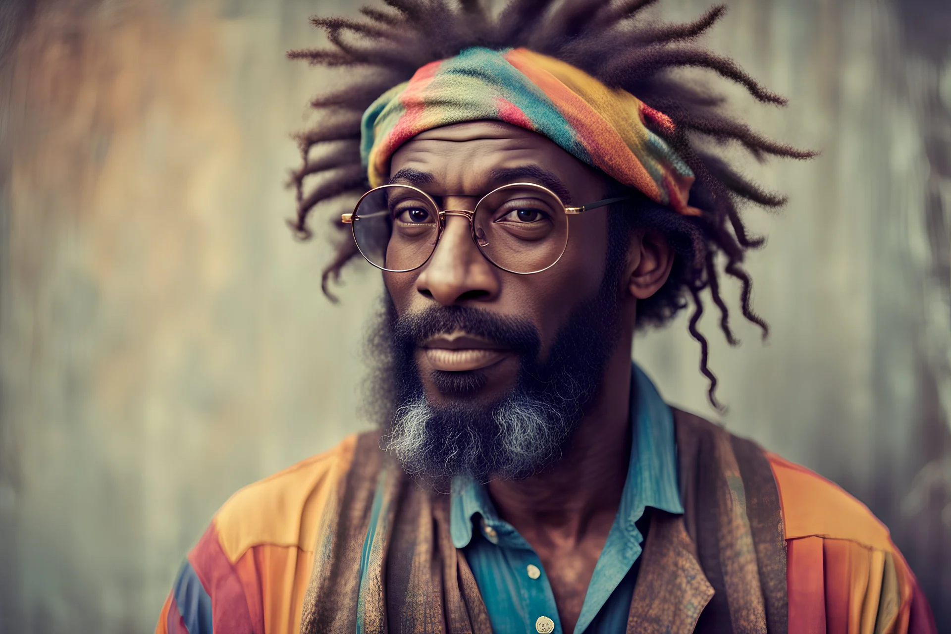 black Hippie man in his 40s with Parisian bohemian look and glasses of colours and poor hair on the head with receding hairline. Farsightedness glasses with big eyes. Long beard. Vintage look and feel like photos of the 70s