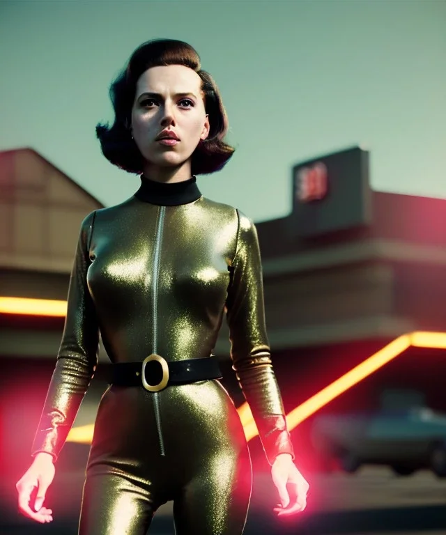 retro sci-fi portrait image from 1960, supermarket parking explosion, fire, young Scarlett Johansson, classic black tight lycra latex suit, gold bracelet and belt, soft color, highly detailed, unreal engine 5, ray tracing, RTX, lumen lighting, ultra detail, volumetric lighting, 3d, finely drawn, high definition, high resolution.