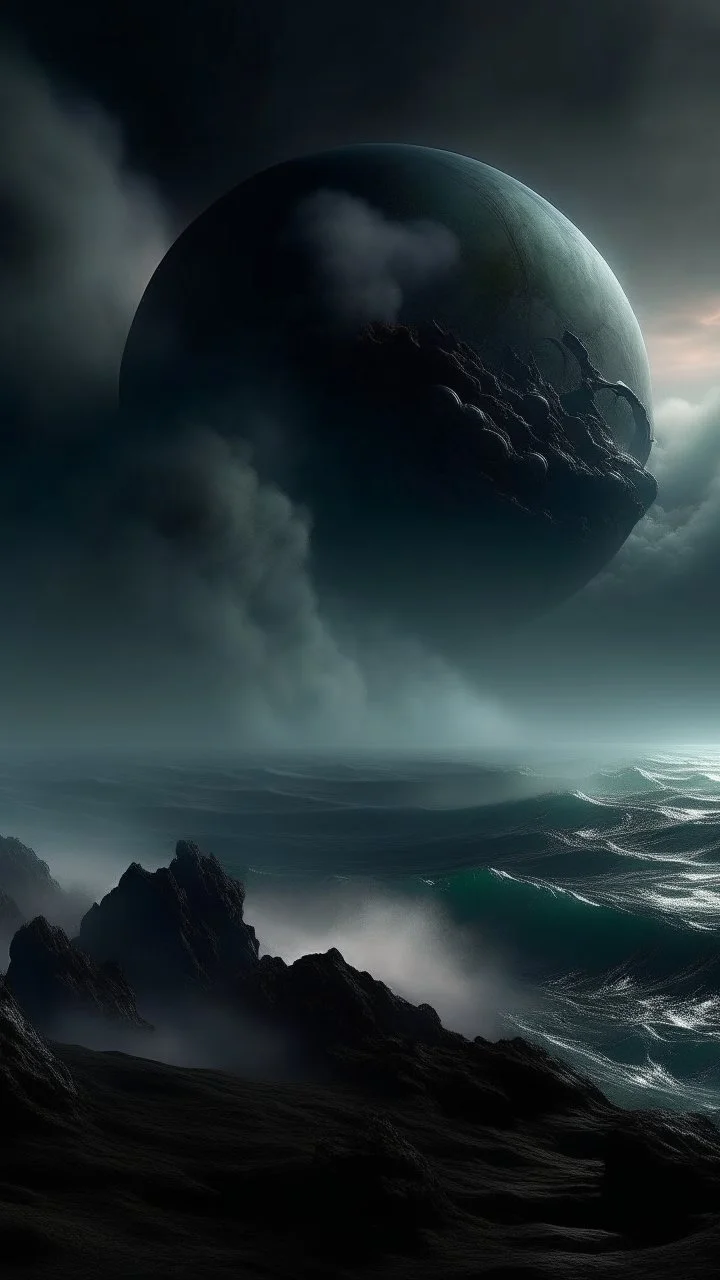 sci fi planet, dark, mysterious, smoke, ocean