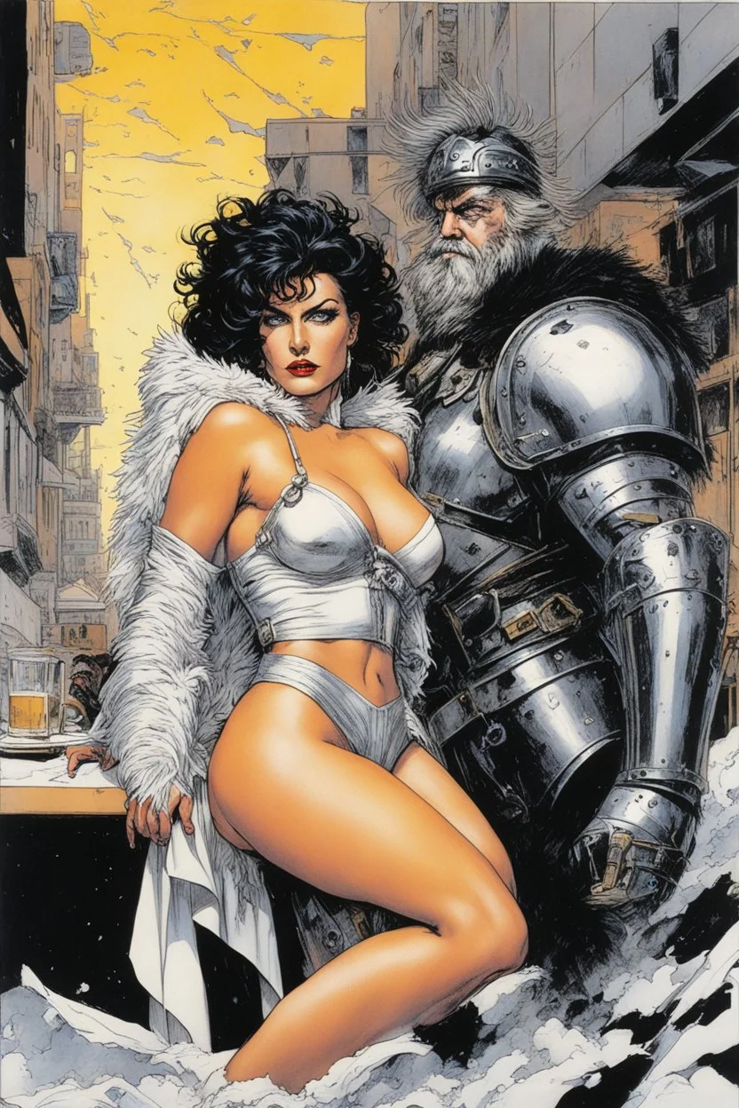 #5 Original Art by Howard Chaykin (Vortex Comic, 1988): In a bustling café, the Wounded Gallic Warrior and the woman resembling the Sleeping Hermaphrodite find solace amidst the chaos of the modern world. His tattered armor and fur-lined cloak clash with the contemporary setting, drawing curious glances. Her flowing garments blend seamlessly with both ancient and modern realms. Their eyes meet, conveying determination and empathy. The warrior confesses his struggle with the unfamiliar surroundin