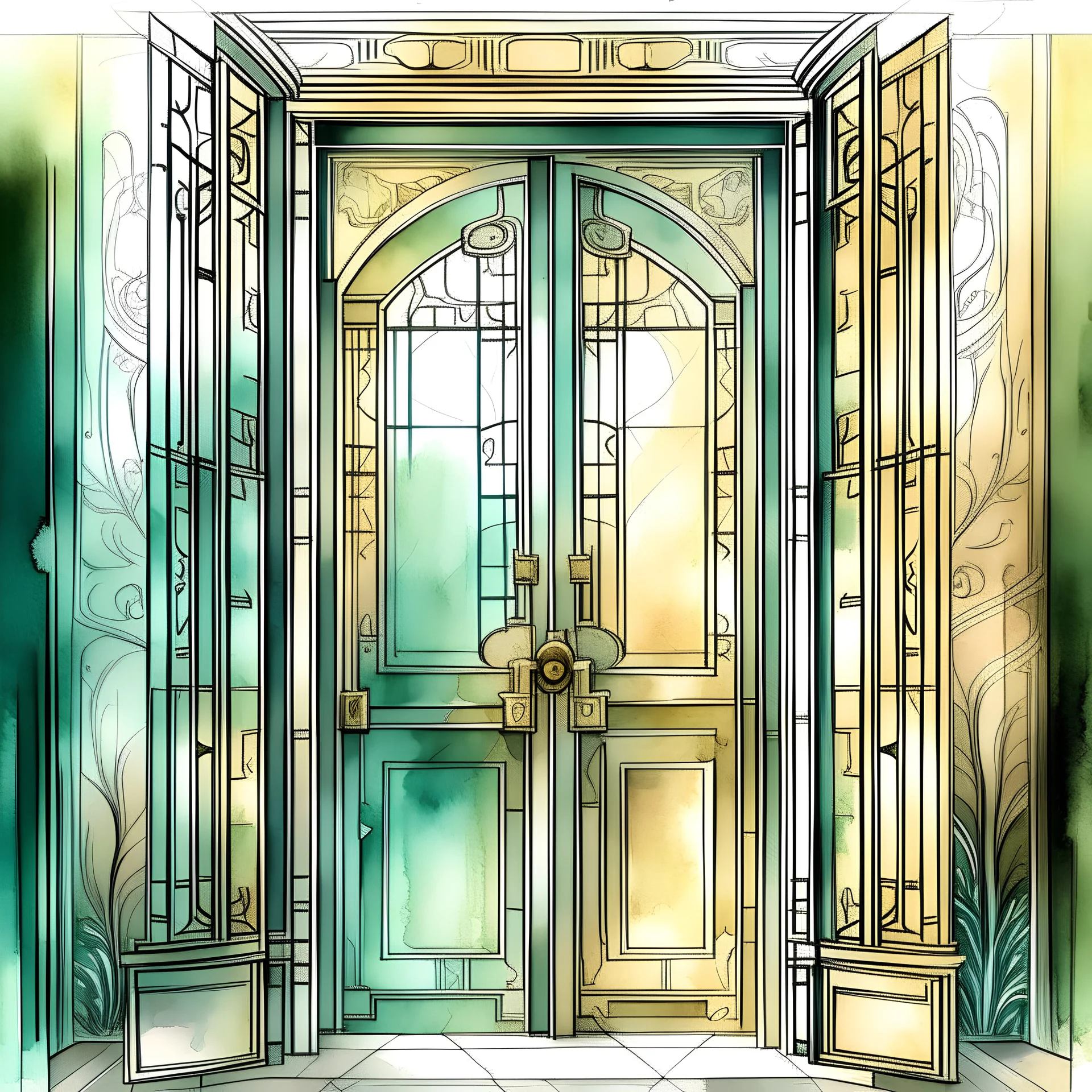 sketch of art deco style speakeasy door with realistic textures, very loose ink and soft watercolor washes