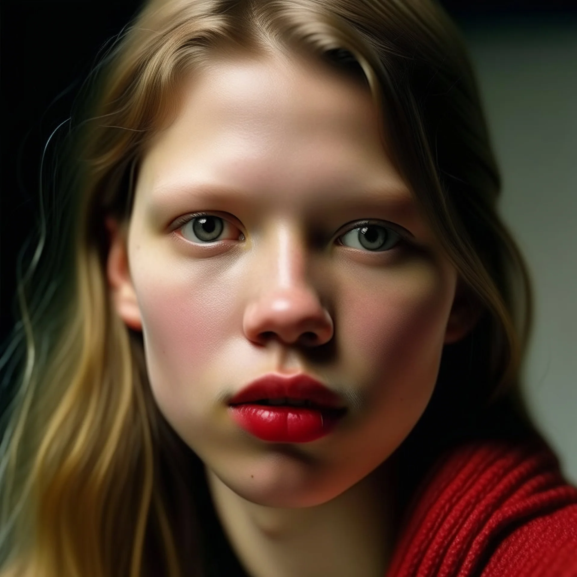 Blond Actress Mia Goth, in the 80s, close up, freckles on her cheeks, no eyebrows, pouty lips, red cheeks and nose, wierd face