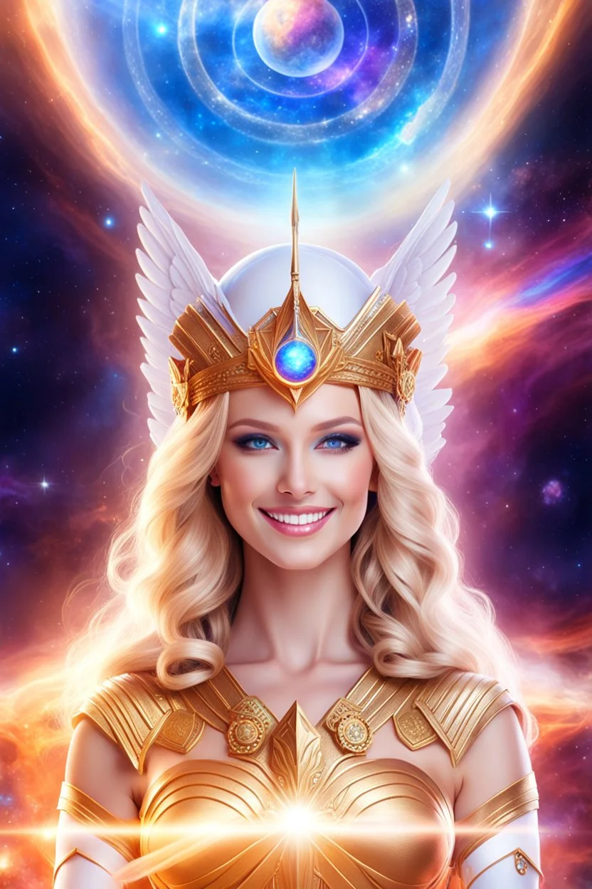 cosmic woman angels smile, admiral from the future, one fine whole face, crystalline skin, expressive blue eyes,rainbow, smiling lips, very nice smile, costume pleiadian, Beautiful tall woman pleiadian Galactic commander, ship, perfect datailed golden galactic suit, high rank, long blond hair, hand whit five perfect detailed finger, amazing big blue eyes, smilling mouth, high drfinition lips, cosmic happiness, bright colors, blue, pink, gold, jewels, realist, high commander,ufo rainbows