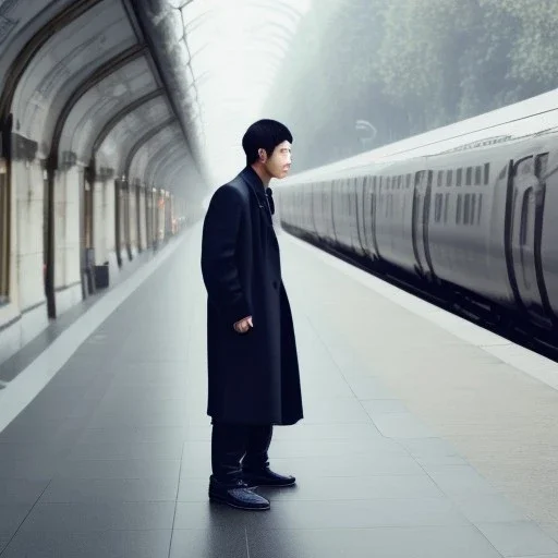 A young Asian man with long hair and a black trench coat waiting for a woman at a train station in Paris