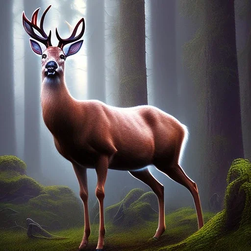 fantasy art, book cover, "As your horse ride deeper into the forest, you begin to see signs of wildlife. A closeup of a deer dashing."