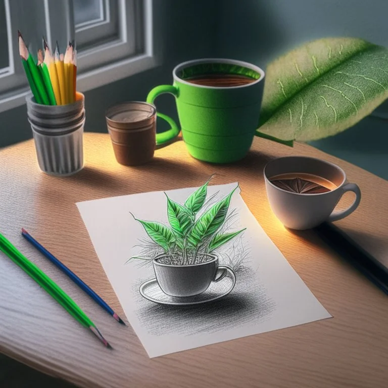 A High resolution photograph with soft lightning, of a a4 size drawing on a table next to two colored pencils. A green plant in a pot in the left top corner, a cup of coffee in the right top corner.