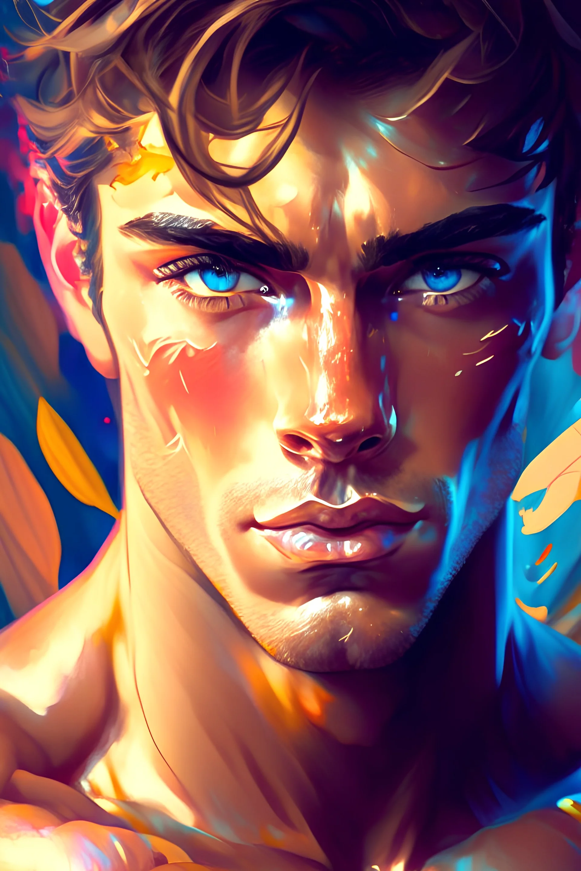 A detailed illustration of a beautiful young male human with muscles holding key . Highly detailed flawless facial features and eyes. . Fairy background, wide angle, abstract design, beautiful, thick flowing paint strokes, fantasy art, modern art, ((soft happy complimentary colors,)) brown eye , 4K resolution.