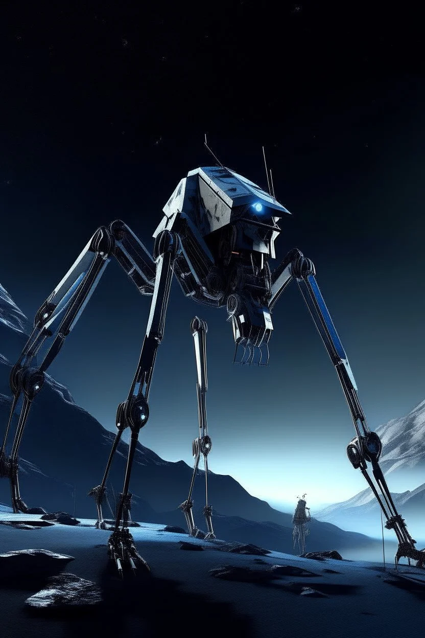 I want an image of a eight legged spiderlike mechanical walker mech scaling the side of mout everest at night, it has a smooth surface