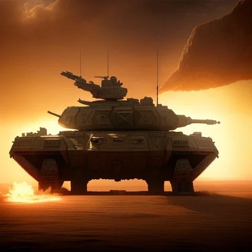 volumetric dramatic Close-up desert Battle scene with futuristic hovering military armored Hovercraft tank painted by chris foss, floating, 4k, 8k, Minutiae, highly detailed, rivets, flag, hovering, stripes, sunset [duststorm, nimbus clouds]