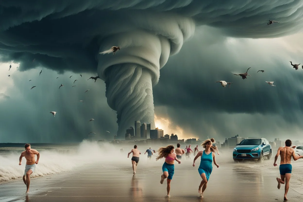 people running away from an giant tornado on a city beach, cars and cows flying around