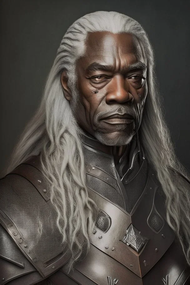 Portrait of a black man, fifty years, wearing a leather armor, long gray hair