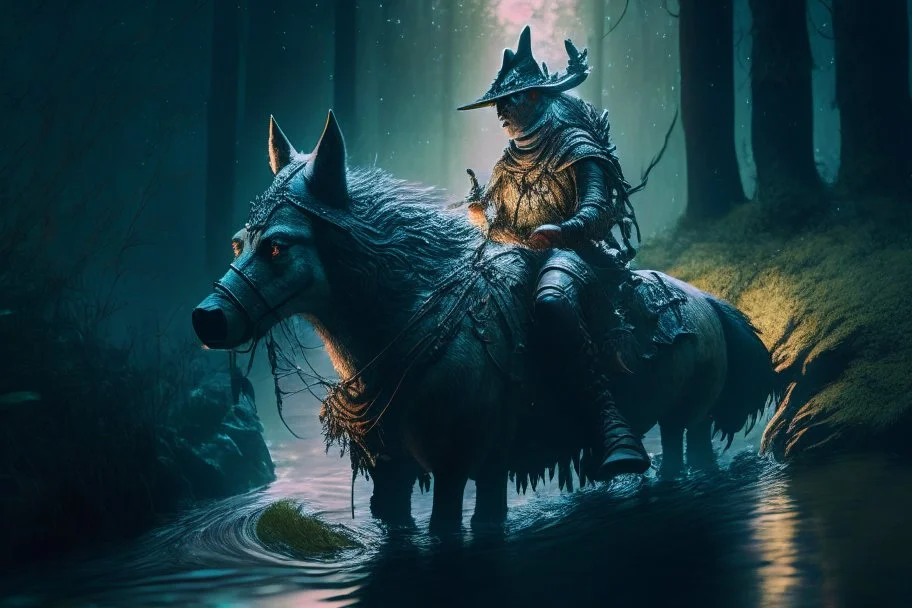 old photo of wolf rider from elf-quest, by moonlit forest by stream, book illustration, fine detail, 4k, trending, volumetric light, depth of field