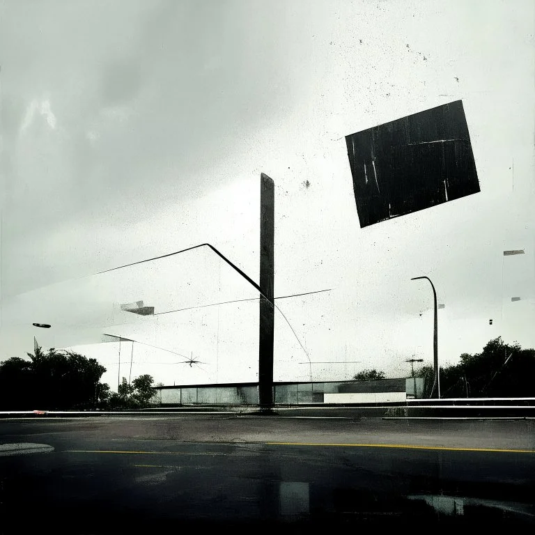 Minimal contemporary abstract oil paintings of desolate 1960s carpark with road markings and concrete fragments. Overlay with grungy typography graphics. style of Justin Mortimer and Francis Bacon.