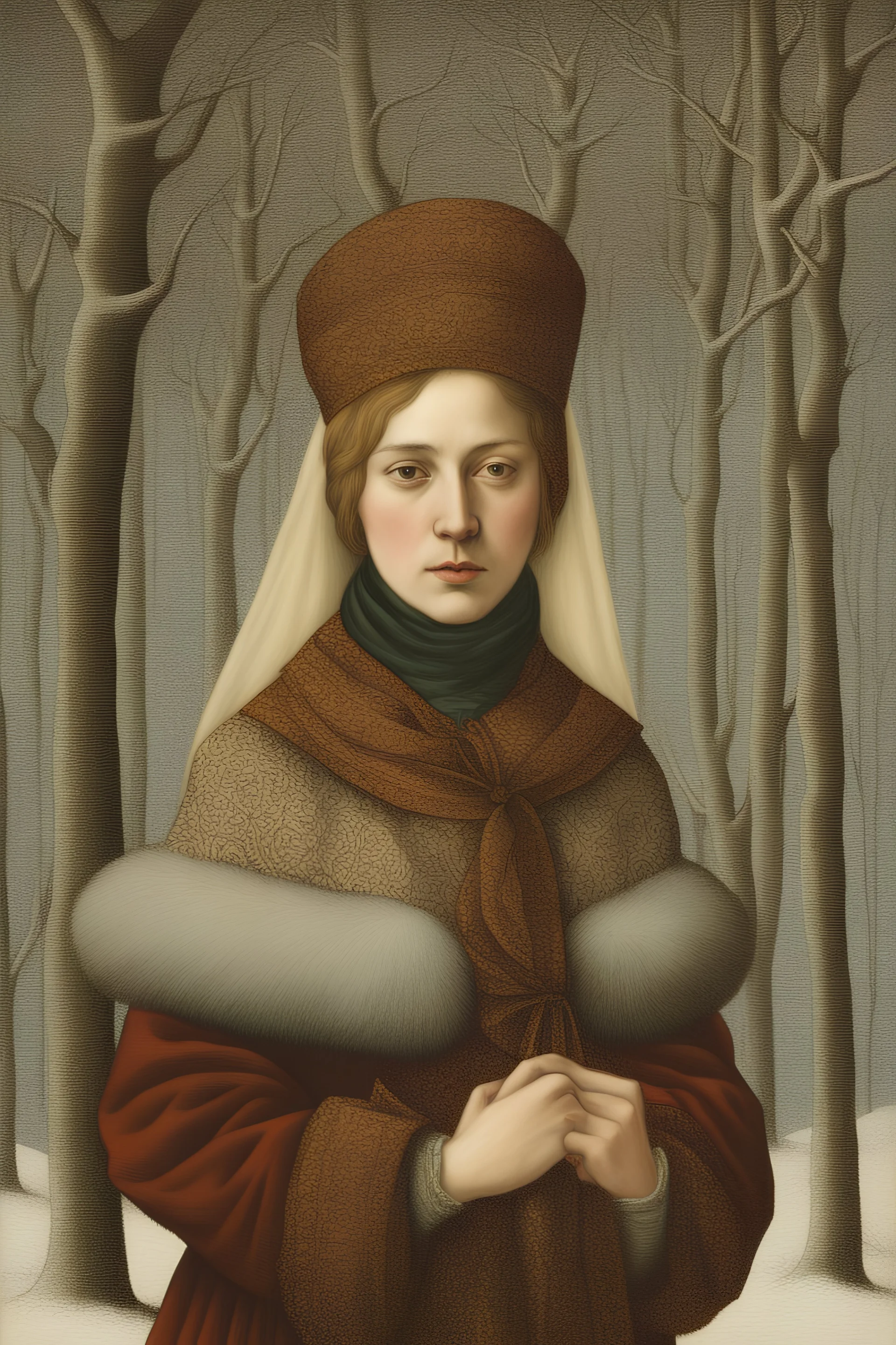 Portrait of a young woman in winter clothes in the style of jan van eyck