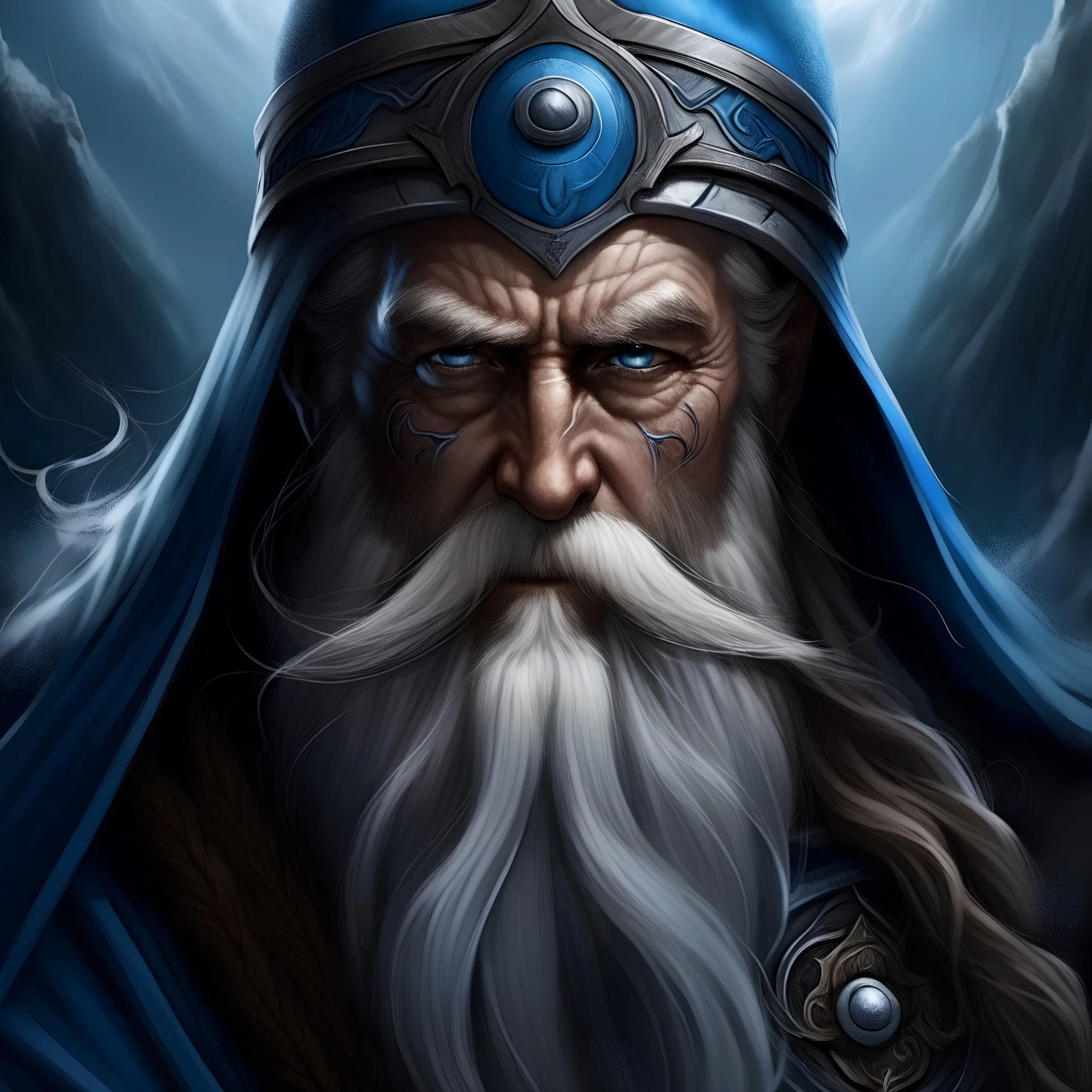 album art of Odin with a blue eye, looking over midgard