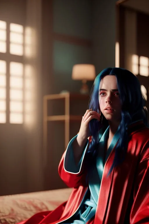 Billie Eilish, bathrobe, stockings, high detail, realistic, 8k, not to be distinguished from a photo, identical pupils