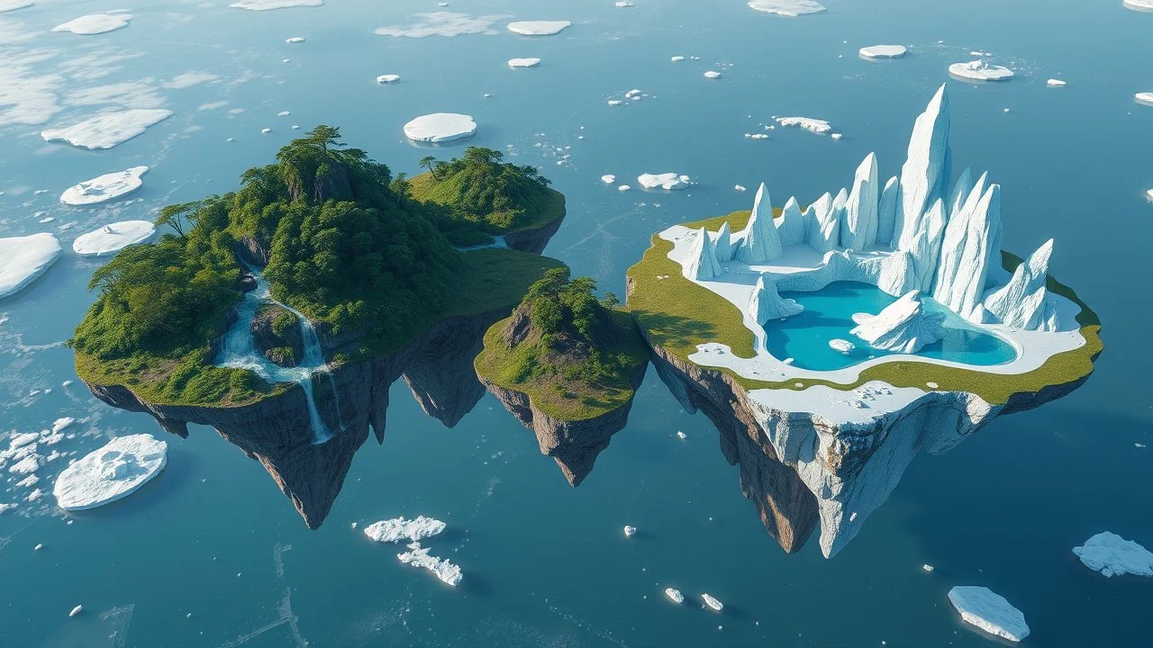 A cluster of floating islands, each with its own unique ecosystem. One island is a lush, tropical rainforest with waterfalls cascading into the void below, while another is a snowy, ice-covered landscape with frozen lakes and towering ice sculptures. Award-winning photograph, 80mm focal length, rule of thirds.