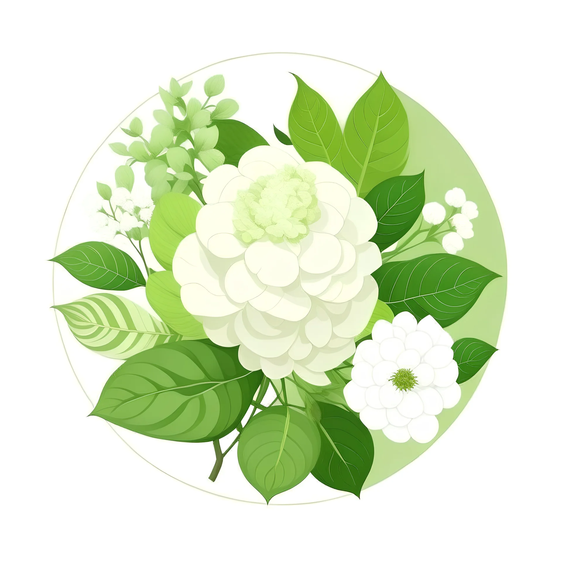 garden themed green logo with hydrangea, sage and roses, no text