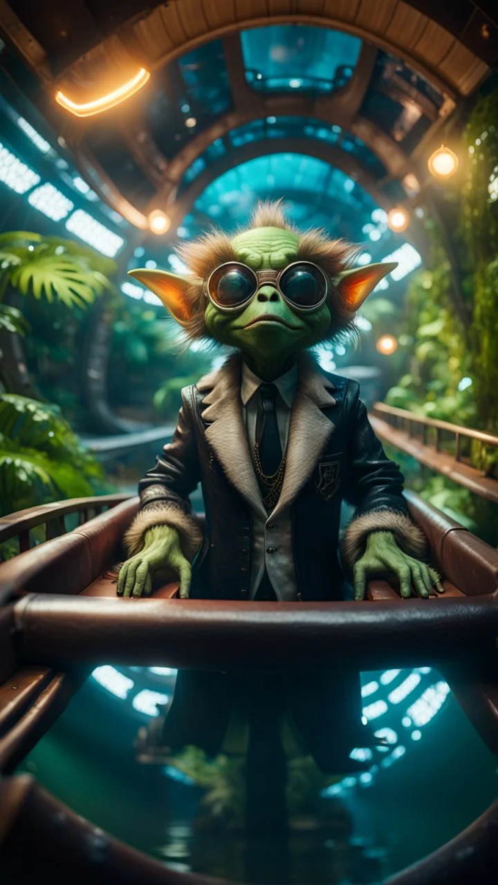 fish-eye photo of furry hairy pimp rocker priest alien gremlin on boat bridge over water slide in dark lit reflective wet jungle hall dome hotel tunnel, in the style of fallout 4 game,bokeh like f/0.8, tilt-shift lens 8k, high detail, smooth render, down-light, unreal engine, prize winning