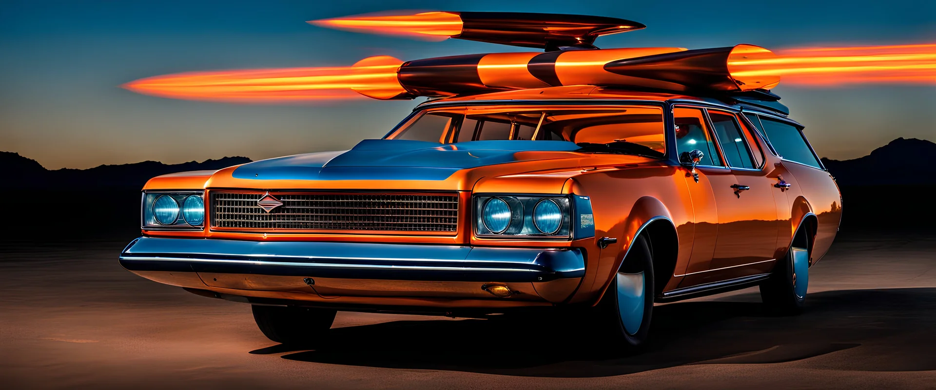 A national geographic award winning photograph of a military fighter jet station wagon elephant hybrid bilaterally symetrical designed by skunkworks, only one vehicle per image painted metallic orange traveling at a high rate of speed, jet intake off of front center of vehicle and jet exhaust out the rear with bright blue flame soviet retrofuturism, cassette tape futurism,