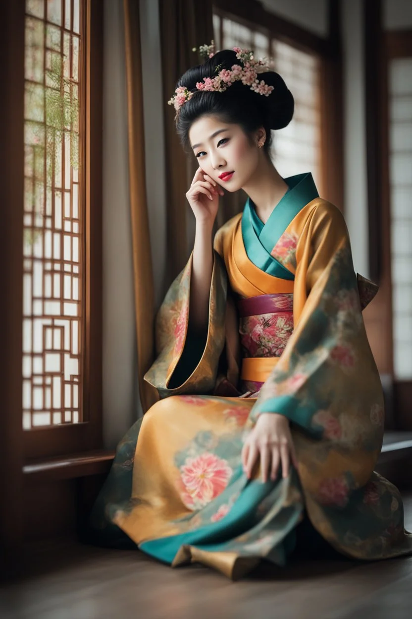 Ultra realistic photo beautiful geisha woman beauty ,one person young adult beautiful woman, sitting, clothing, women adult ,fashion dress, young women, beautiful people, indoors, full length hairstyle , ,smiling ,window looking ,sitting on floor contemplation ,floral pattern , futuristic style, HOF, captured with professional DSLR camera, 64k, ultra detailed,