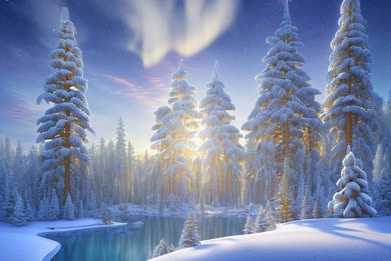 20 sapins enneigés,russian gold white palace on the mountain，waterfall, sun,10 snowy fir trees,blue lake,swanns, winter snow flakessnow, northern Lights blue pink, full of details, smooth, bright sunshine，soft light atmosphere, light effect，vaporwave colorful, concept art, smooth, extremely sharp detail, finely tuned detail, ultra high definition, 8 k, unreal engine 5, ultra sharp focus