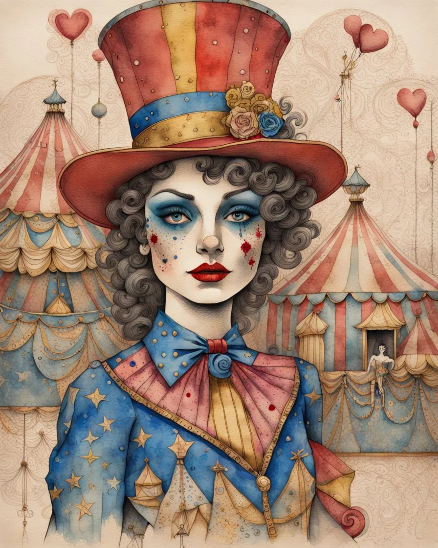 Masterpiece, a delicate ink and watercolor wash rendering on rough handmade paper. A vibrant and imaginative collage unfolds, blending vintage circus charm with surreal whimsy. At its heart stands a glamorous circus performer, wearing a colorful, patterned bodysuit rendered with intricate ink lines and layered washes of sapphire, crimson, and gold. A tall, red top hat crowns her head, sketched with bold strokes and rich scarlet hues. Behind her, a classic circus tent rises, its stripes suggested