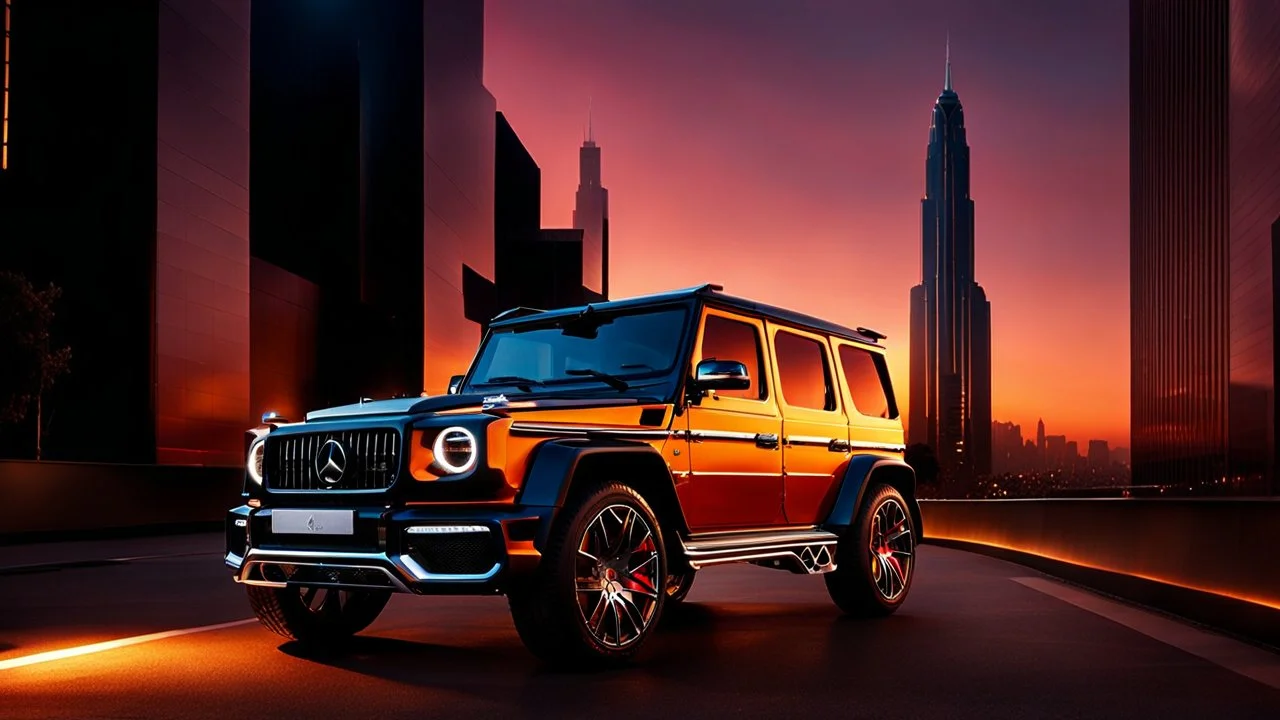 A cinematic scene featuring a luxurious vehicle that is an imaginative cross between a G-Wagon and a Bugatti Veyron. The sleek, muscular design boasts an SUV's ruggedness combined with a hypercar's aerodynamic elegance. Set against a vibrant city skyline backdrop at sunset, with reflections of the glimmering lights on the glossy paint. The car is parked on a stylish street, showcasing its intricate details, like a wealthy interior glimpse through the tinted windows and bold alloy wheels. An air