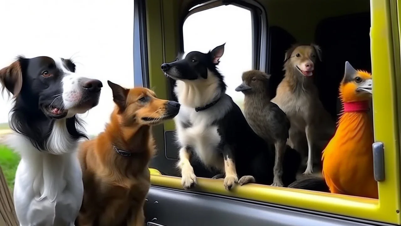 Bird driving semi truck with dogs and cats