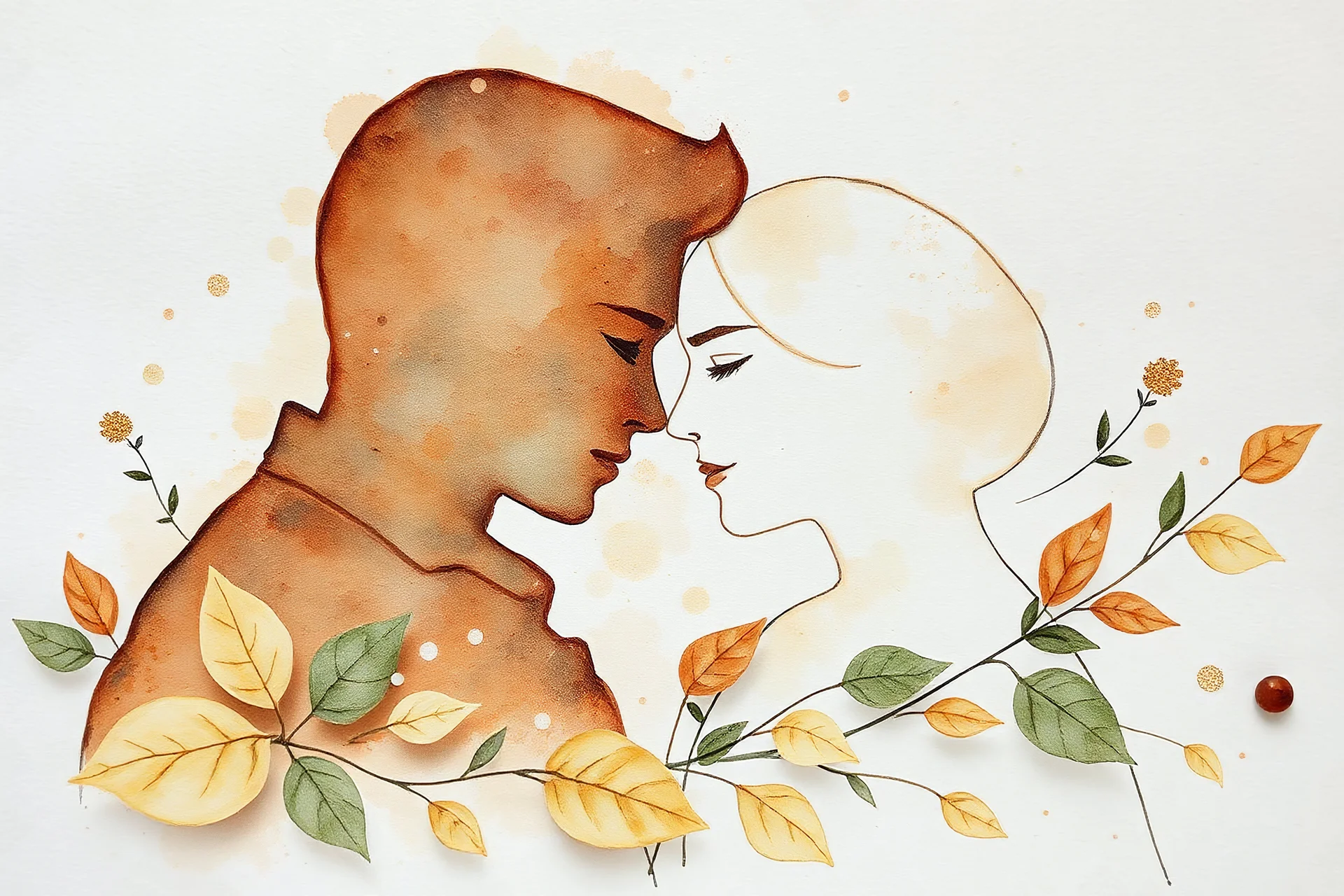 loving couple, A delicate, dreamy watercolour depiction of rusting patina with soft, whispery brush strokes evoking the gentle touch of a feather, blended with pastel hues and textured eggshell impasto, as if the colour has been lifted off the paper, amidst a scattered arrangement of leaves in muted greens and yellows, accented with two bold black lines and two shimmering gold lines, all rendered in the loose expressive, ethereal