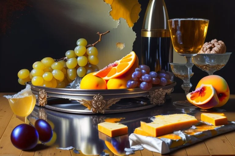 Create a masterpiece an oil painting on cracked canvas: of a Gleaming melting chrome serving tray with spent wine, partially decayed grapes, peaches, oranges, lemon's, walnuts, discarded dry stale bread and mouldy cheese, cloth draped over an old wooden ultra textured table, ultra-realistic portrayal, 8k resolution, rich cool tones, intricate textures, reflections, flawlessly polished exteriors, rule of thirds futuristic concept art of a still life Masterpiece. Modifiers: trending on Artstation