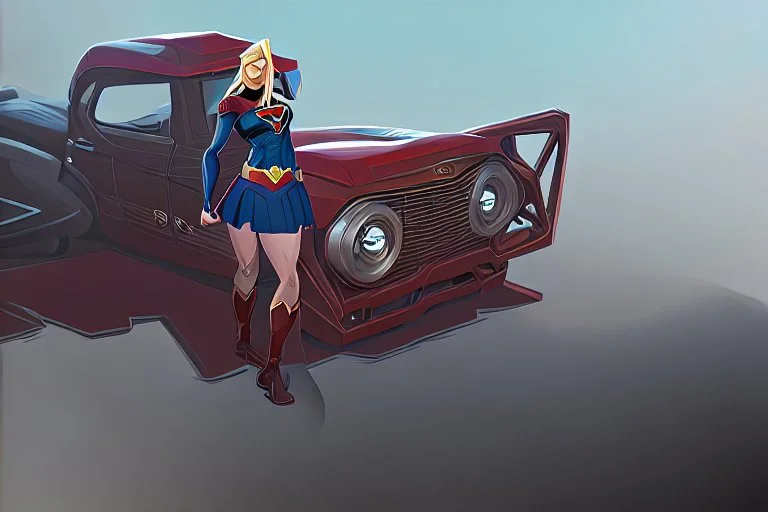 Supergirl driving an old 'Ford T'