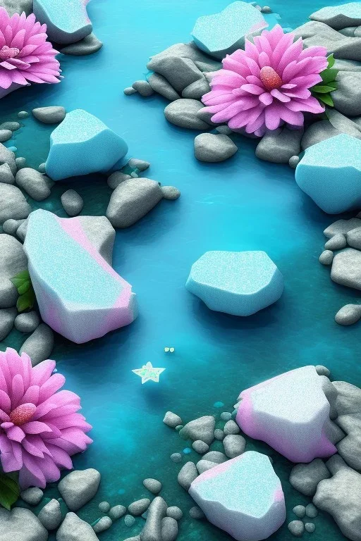 lac turquoise, rocher avec mousse, fleurs, etoile filante, cristaux blanc et rose, vray