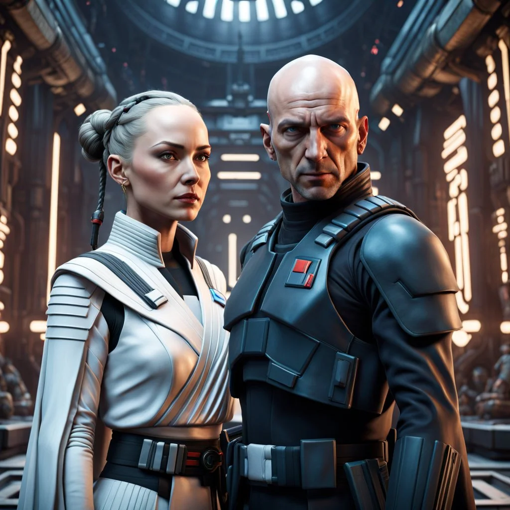 a bold and heroic bald male Corellian pilot in black and metallic grey First Order special forces gear meets a female Jedi Master in ancient, mystical temple, hyperdetailed, dynamic lighting, hyperdetailed background, 8k resolution, volumetric lighting, light skin, fully symmetric details