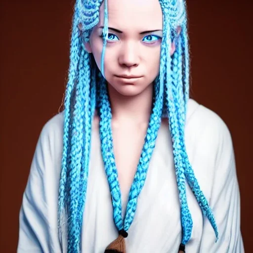 Female Air Genasi Monk with pale blue skin tone, braided white hair, grey eyes, and serene facial expression.