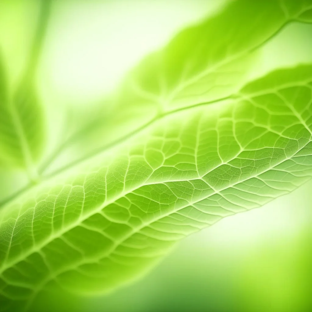 An out of focus and abstract microscopic photography of leaves' texture. Image is almost white with subtle gradients. Colors are light green and yellow. Heavy grain texture and vintage look.