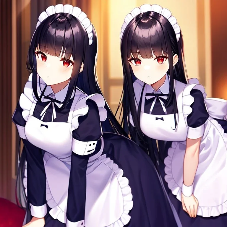 girl, masterpiece, best quality, volumetric lighting, detailed outfit, perfect eyes, black hair, long hair, red eyes, loli, maid, twins, leaning forward, indoors,