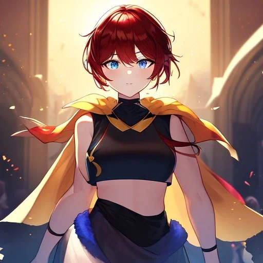 Clear focus,High resolution, Black short fluffy hair, and blue eyes, wearing a blue crop top sleeveless, wearing a red cut sleeve, wearing a black shirt, wearing long white socks, wearing a yellow cloak