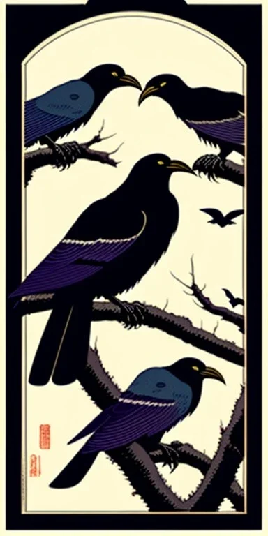  a group of ravens that are on top of each other, a poster by Nōami, ukiyo-e, anime aesthetic, minimalist.