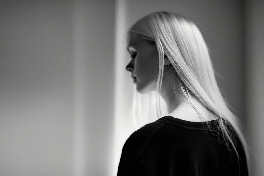 Mujer rubia de espaldas, retrato primer plano., iluminada potentemente desde atrás, Imagen en blanco y negro vaporoso, al estilo de la foto del fotógrafo Hugo Alonso.