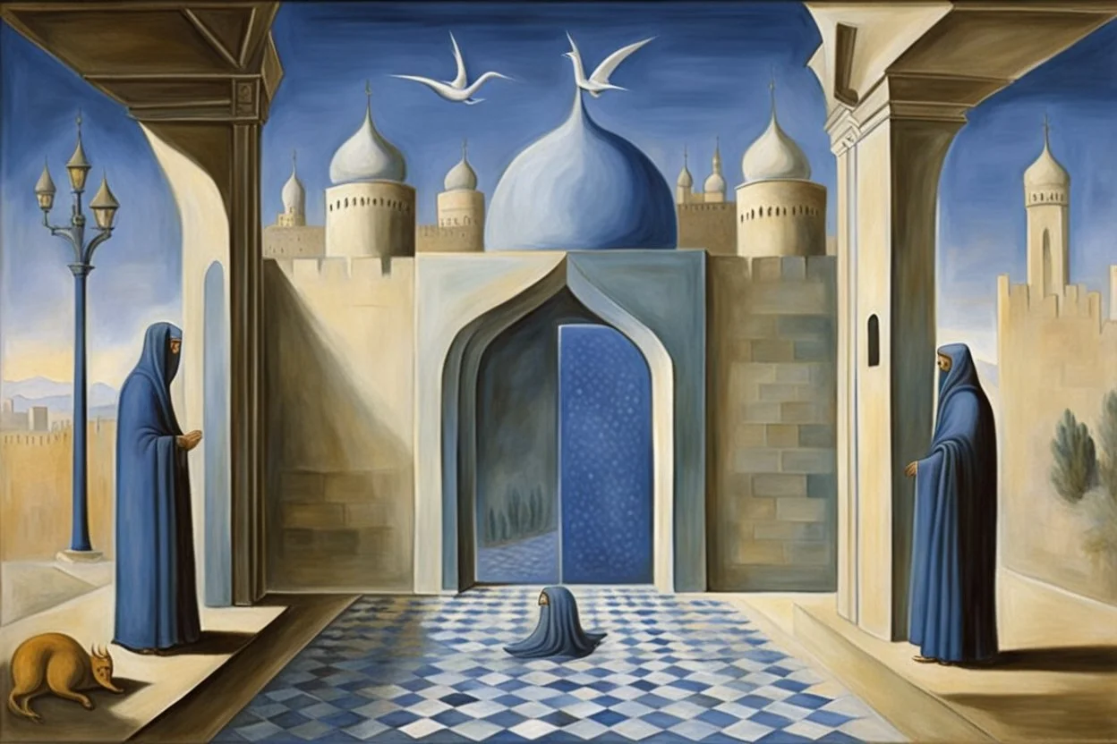 an open gothic_arab gate in a blue-tiled wall with a view of an old city by artist "Rene Magritte",by artist "Leonora Carrington"