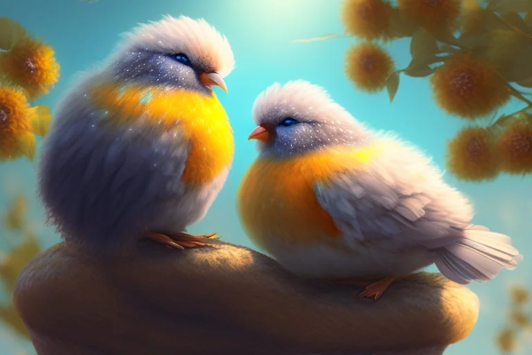 Very fluffy bird couple love, flora, in sparkling sunshine Weight:1 detailed matte painting Weight:0.9