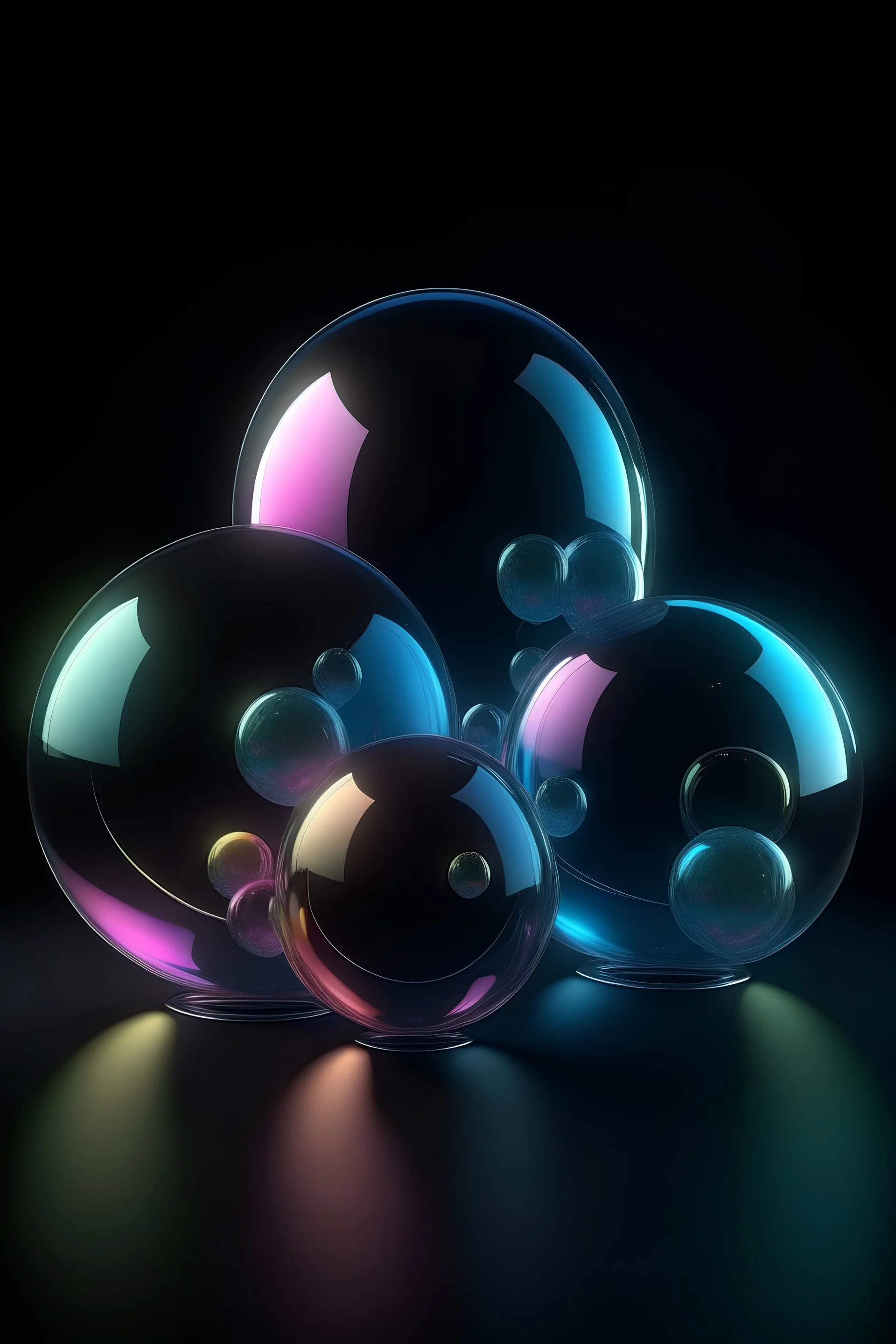 abstract render of subtle pastel transparent iridescent and holographic geometric 5 spheres made of frozen glass levitating in the space with undark surroundings