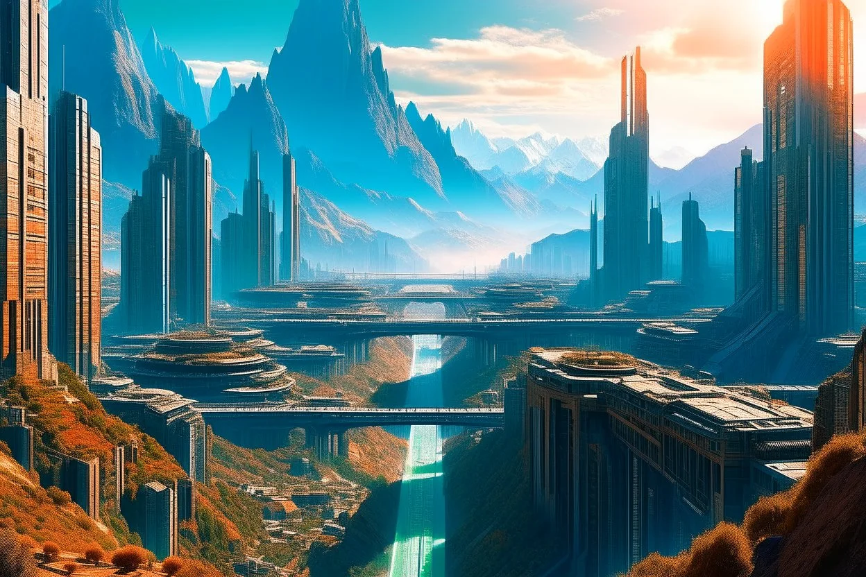 cyberpunk city, sunny day, valley, mountains, sci-fi, epic