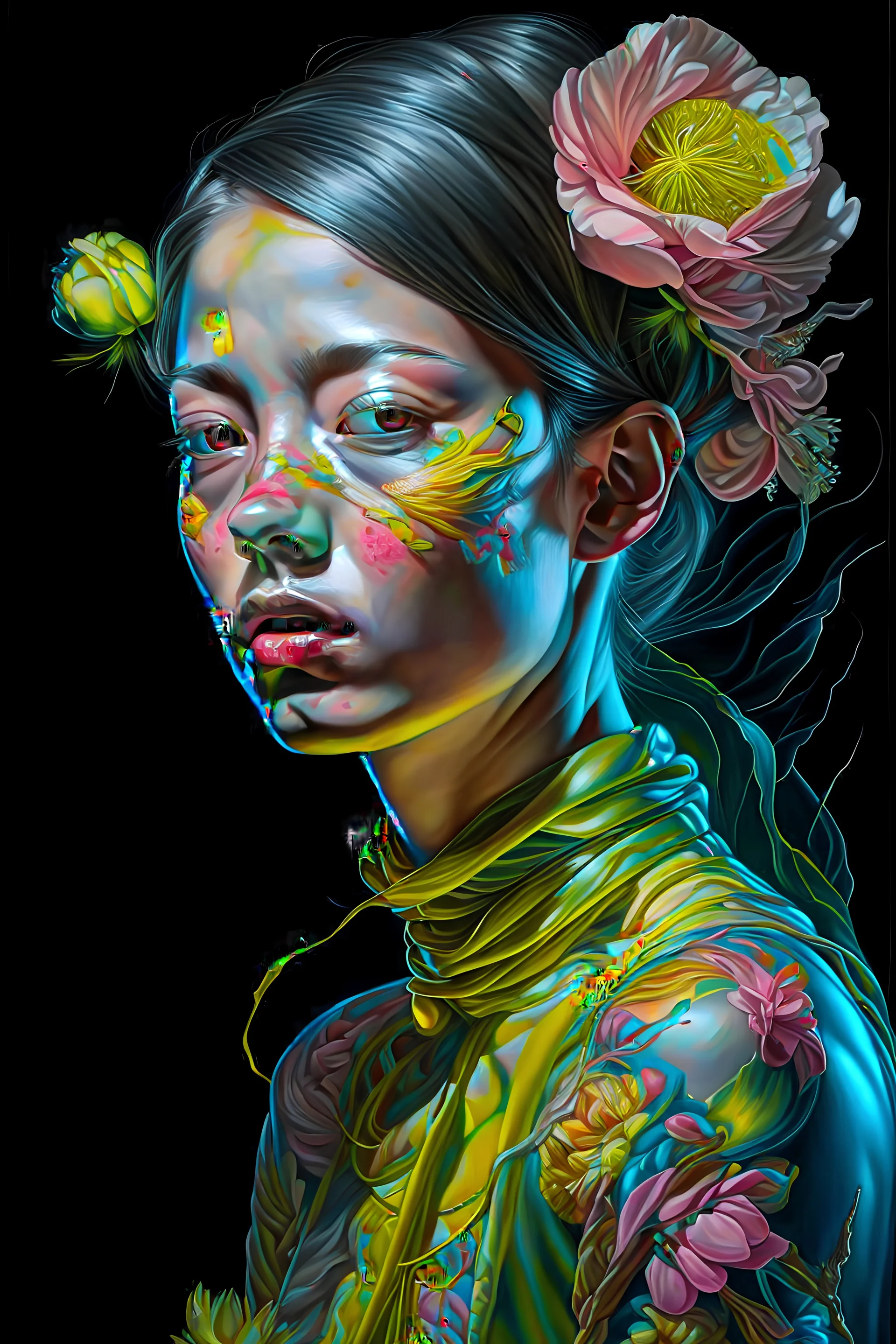 PHOTOREALISTIC PORTRAIT OF A GIRL of Cirque dU soleil, WALKING ON THE SHORE AT THE MOONLIGHT, AND EMBRACING PINK YELLOW PEONIES, VIVID METALLIC colors: torquoise, pale salmon, persimmon, grey-green , pale lemon yellow, greenish gold, metallic bronze. ULTRA detailed; CORRECT anatomy, FACE and eyes, HIGH RESOLUTION AND DETAILS, HIGH DEFINITION, STYLE BY RAFFAELLO, MICHELANGELO,