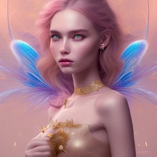 fairy, pink, blue, beautiful, happy, gold, jewels, hyperrealism, masterpiece, expert, cinematic lighting, sharp focus, 8K, pastel, macro lens, woman, detailed, flower