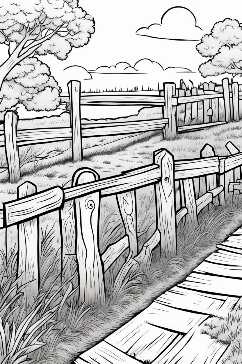 coloring page, rail fence, cartoon style, thick lines, low detail, no shading