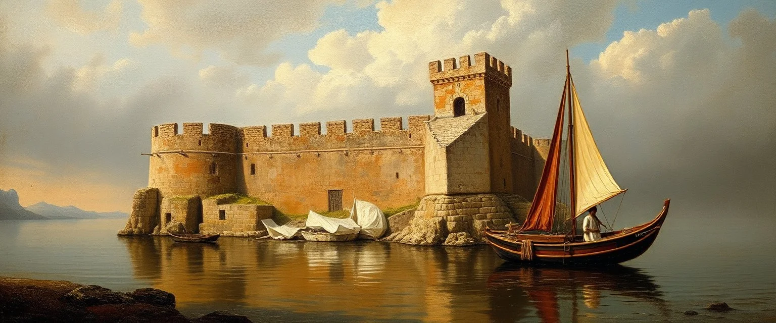 master oil painting by Rembrandt, square box floating stone fortress boat